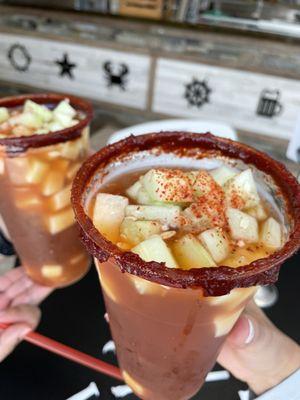 Michelada regular comes with Jícama, cucumber & cause on rim