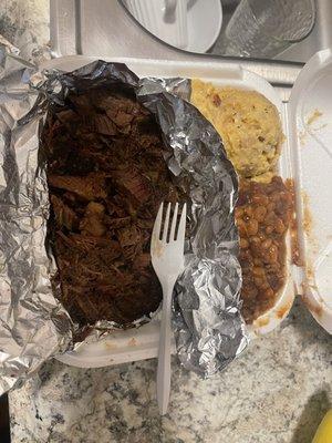 Brisket, Cheesy Potatoes and Baked Beans