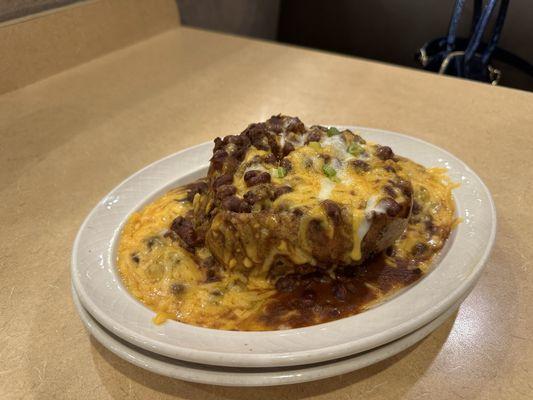 Delicious Chili stuffed baked potato