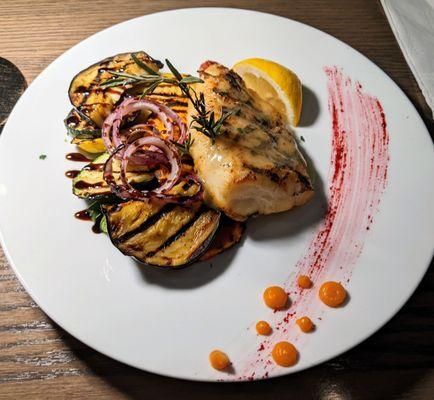 Chilean Sea Bass entree with grilled vegetables