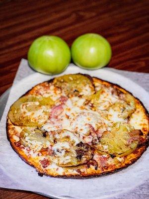 Owner's creation: Green Tomato Pizza on 10'' Cauliflower Pizza Crust. Heavenly!