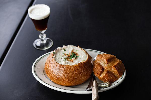 Clam Chowder Bread Bowl & Irish Coffee