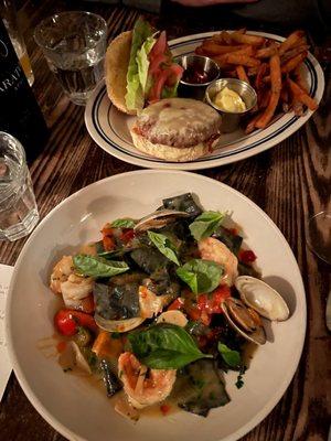 Burger and Squid ink pappardelle