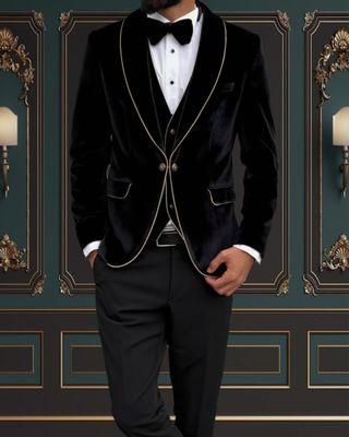 Men's Black Velvet Tuxedo with Gold Shawl Lapel Trim | Luxurious Formal Wear