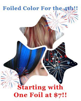 Red White & BOOM! Foiled Color starting at $7!!  Come celebrate!!
#redwhitebluehair #patriotichair #celebratewithcolors #comeseeus #july4th