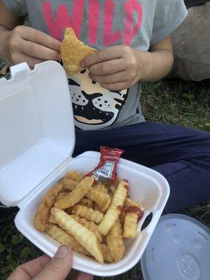 French fries with ketchup, not listed on the menu, toddler friendly. Takeout picnic style