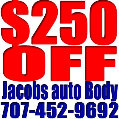 Get $250 off your auto insurance deductible when you bring your car to Jacob's auto body: http://autobody-repair.com/cpon