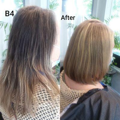 Cut this very fine thin hair into a blunt Bob to add thickness and highlights to add depth.