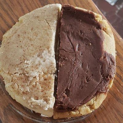 Half Sugardoodle/Half Chocolate Peanut Butter cookie.  They're big enough to share!