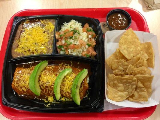 New Platos: "Wet" Carne Asada Burrito Covered in Red Sauce, Cilantro Rice w/ Pico de Gallo, Refried Beans, Fresh Avocado + Chips & Salsa- $8