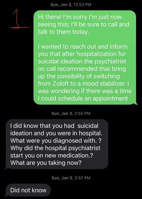 (1/6) The day after hospitalization - I called him the day of (1/02) to tell him what happened. "what are you taking now" - seriously????