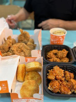 Popeyes chicken, spicy chicken, wings, and sweet and spicy wings