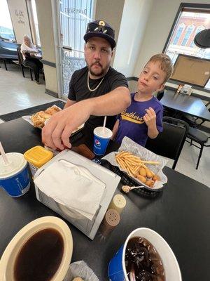 Kids mini corn dogs, tenderloin sandwich, regular fries