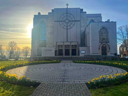 The front of the cathedral facing 10th Ave E on a spring morning