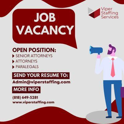 Looking for Work?
Email: Admin@viperstaffing.com 
Call: 818 478 7184 
Visit: www.viperstaffing.com