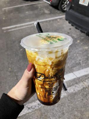 Brown sugar milk tea latte with boba