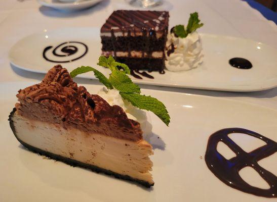 Belgian Dark & White Chocolate cake (top) Baileys Irish Cream Cheesecake (bottom)