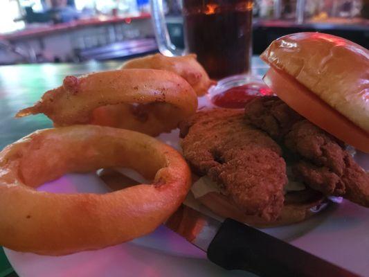 Fried Chicken Sandwhich - 2 of their chicken strips on a bun with lettuce and tomatoes.