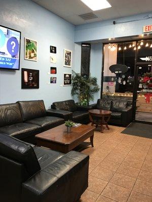 Cozy seating area with board games.