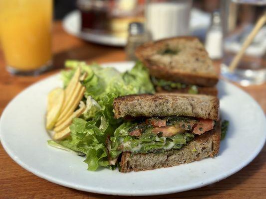 Sam's Log Cabin: seasonal veggie sandwich (vegan) with house salad