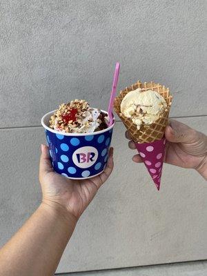 Banana Royale and Single Scoop in a Waffle Cone