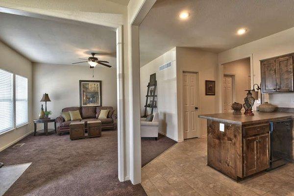 Maple floor plan at Prairie Haven--dining room looking out to living room and kitchen