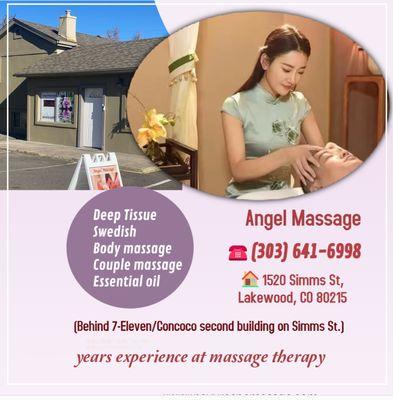 Angel Massage
1520 Simms St, Lakewood, CO 80215
Behind 7-Eleven/Concoco second building on Simms St.
Phone: (303) 641-6998