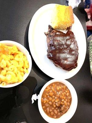 Barbecue chicken baked beans and Mac n Cheese