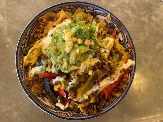 Nachos with guac top view!