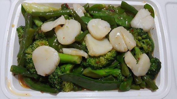 Green Jade Scallops: Scallops sautéed with string beans, snow peas, broccoli, in house special spicy sauce