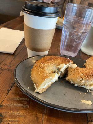 Creme brûlée latte and whole wheat everything bagel