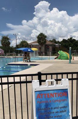 Waterfall, splash area, and kiddy slide.