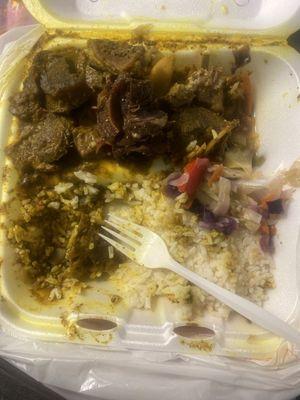 curry goat was tough,cabbage was sweet but ok, rice was good