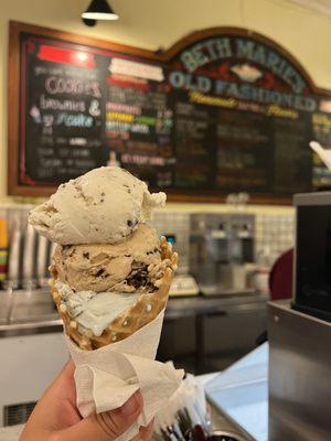 Waffle cone: almost joy, Expresso chip, and bees nees