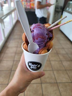 Bubble Waffle with Ube ice cream, Pocky Sticks topping and Strawberry Drizzle