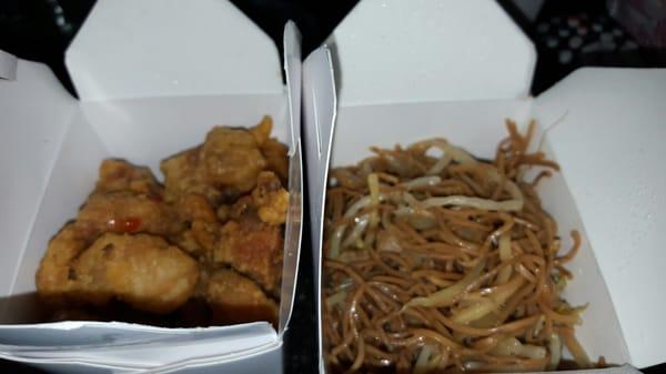 Sweet and sour chicken (L) and Lo mein (R).