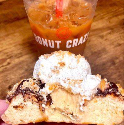 Salted caramel pretzel crazy donut and a large iced coffee