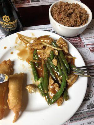 Ginger chicken with green beans, pork fried rice and chicken fingers