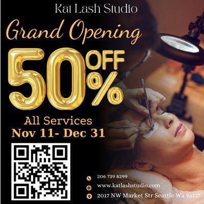 Celebrate with us and enjoy an incredible 50% off all services, including eyelash extensions, lash , and waxing!