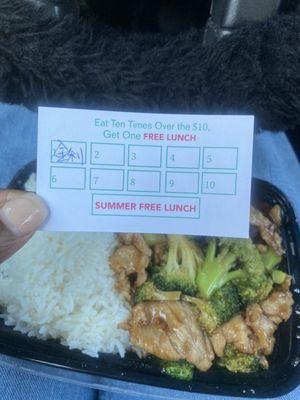 Backside of business card has a rewards system: they are counting all meals over $10 not just over the summer