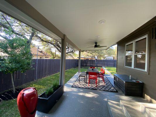 Solid Insulated Patio Cover in Austin, TX with Ceiling Fans & LED Lights