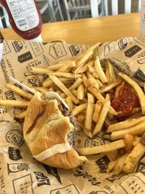 My "create your own double cheeseburger" - a grilled mushrooms and onions double swiss cheeseburger," and full hanndcut fries... yum yum!