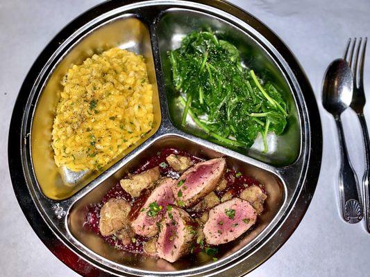 Roasted duck, in a red wine, Demi glaze, sweet, potato, risotto, steamed spinach