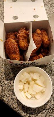 10 piece wings - half spicy, half soy garlic with pickled radish