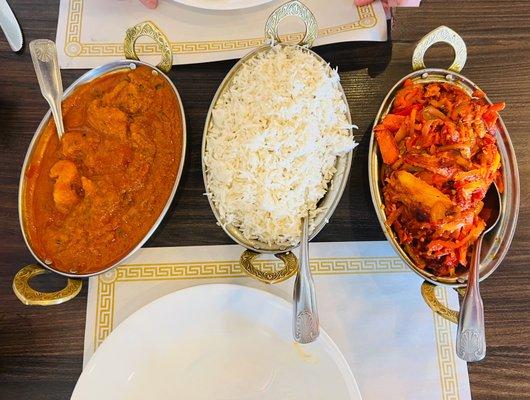 fish curry, rice, chile chicken