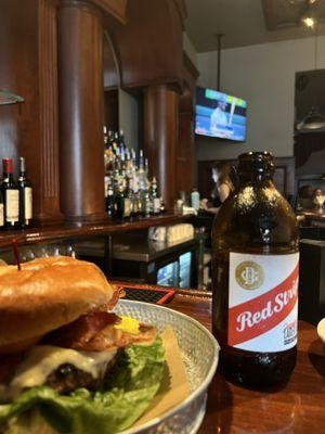 Burger, fries, and Red Stripe!