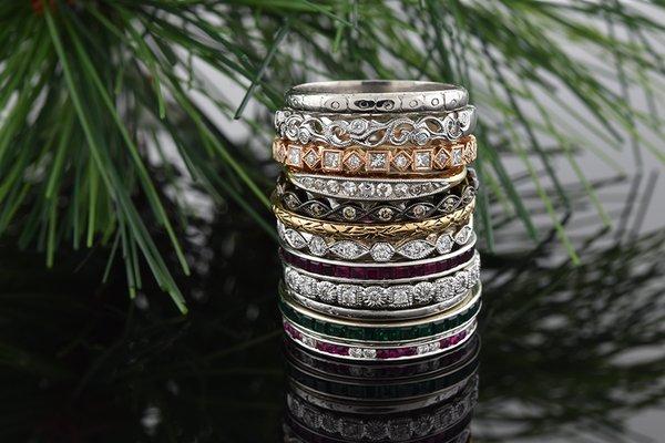 Diamond Ruby and Emerald ring stack.