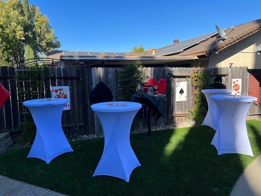 Cocktail tables rented with fitted linen covers