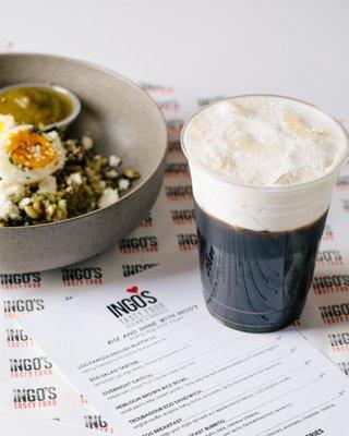 Black and white coffee with heirloom brown rice bowl