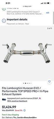 The exhaust he claimed to have paid $3,500 for and was attempting to sell to me for $3,500.